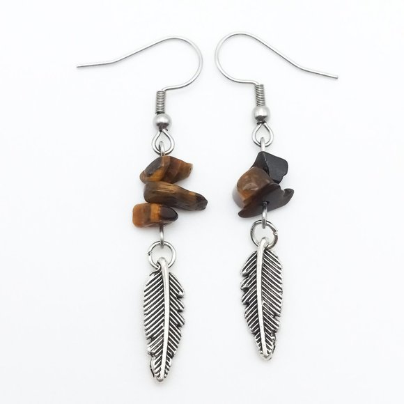 Tigereye Feather Chakra Healing Gemstone Dangle Drop Earrings Handmade - Picture 2 of 6